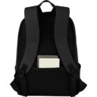 Black backpack with two books or notebooks in a back external pocket, shown from the rear.