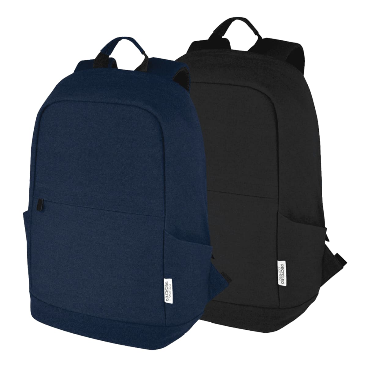 Two backpacks, one navy blue and one black, with front pockets and shoulder straps.