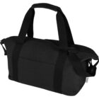 Black duffel bag with two handles and a zippered top.