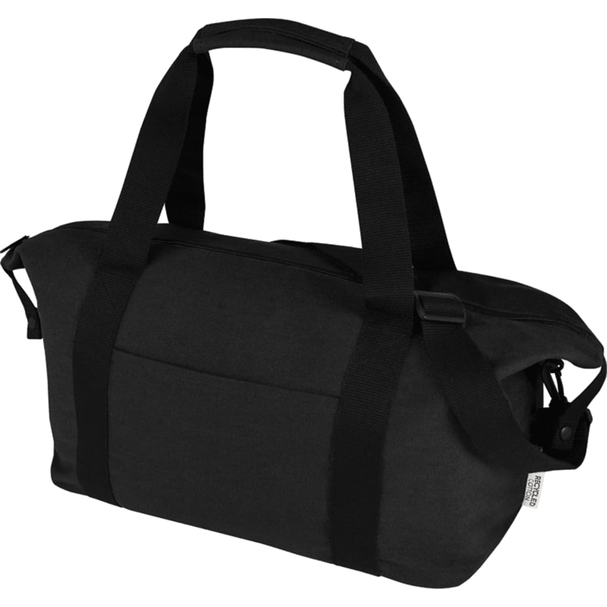 Black duffel bag with two handles and a zippered top.