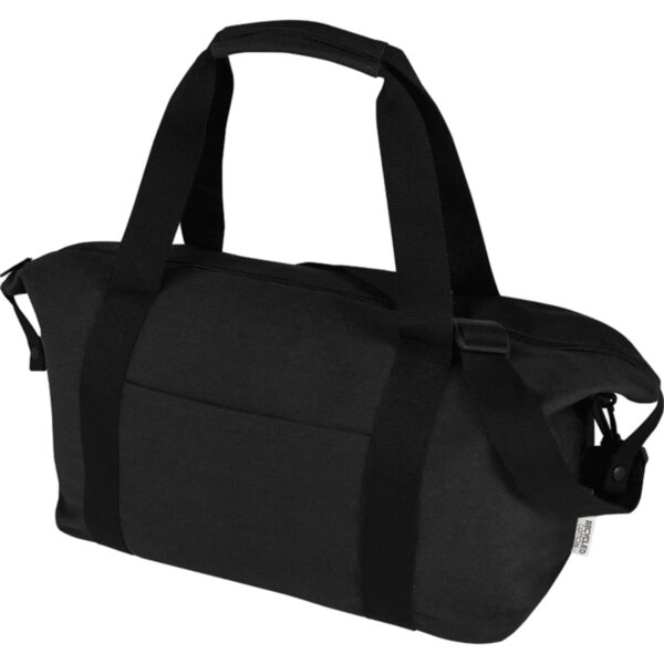 Black duffle bag with two handles and a shoulder strap against a white background.