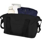 Black tote bag with handles, containing a bottle, pouch, and rolled-up paper.