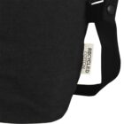 A black bag with a label that reads RECYCLED COTTON attached to the side.