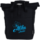 Black backpack with blue Aloha Hawaii text and a hibiscus flower design on the front.