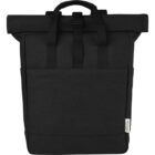 Black roll-top backpack with front pocket and two handles, displayed on a white background.