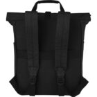 Black backpack shown from the back with padded shoulder straps and a top handle.
