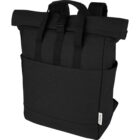 Black roll-top backpack with front pocket and dual handles, shown against a white background.