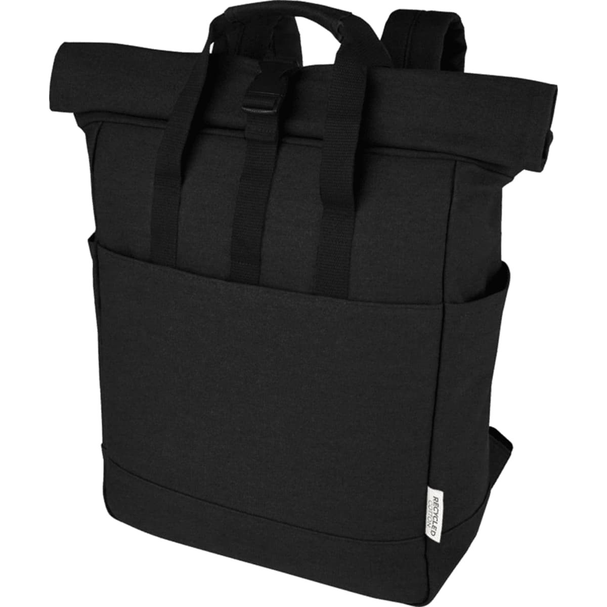 Black roll-top backpack with front pocket and dual handles, shown against a white background.