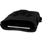 Black backpack with a laptop partially visible inside the main compartment.