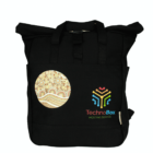 Black backpack with geometric designs, including a patterned circle and TechnoBox logo.