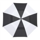Top view of a black and white umbrella with alternating color panels.