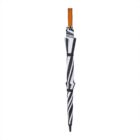 Closed black and white striped umbrella with a wooden handle, standing upright.