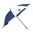 Blue and white umbrella with wooden handle and a Chordata nature logo on one panel.