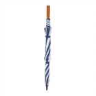 Closed umbrella with blue and white stripes and a brown handle on a white background.