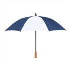 Blue and white umbrella with a wooden handle on a plain white background.