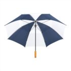 A blue and white umbrella with a wooden handle against a white background.