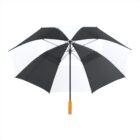 A black double-layered umbrella with an orange handle on a white background.