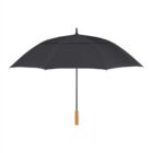 Black umbrella with a wooden handle on a white background.