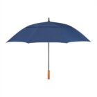 Blue umbrella with a wooden handle, opened against a plain white background.