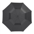 A black umbrella seen from above, fully opened, against a white background.