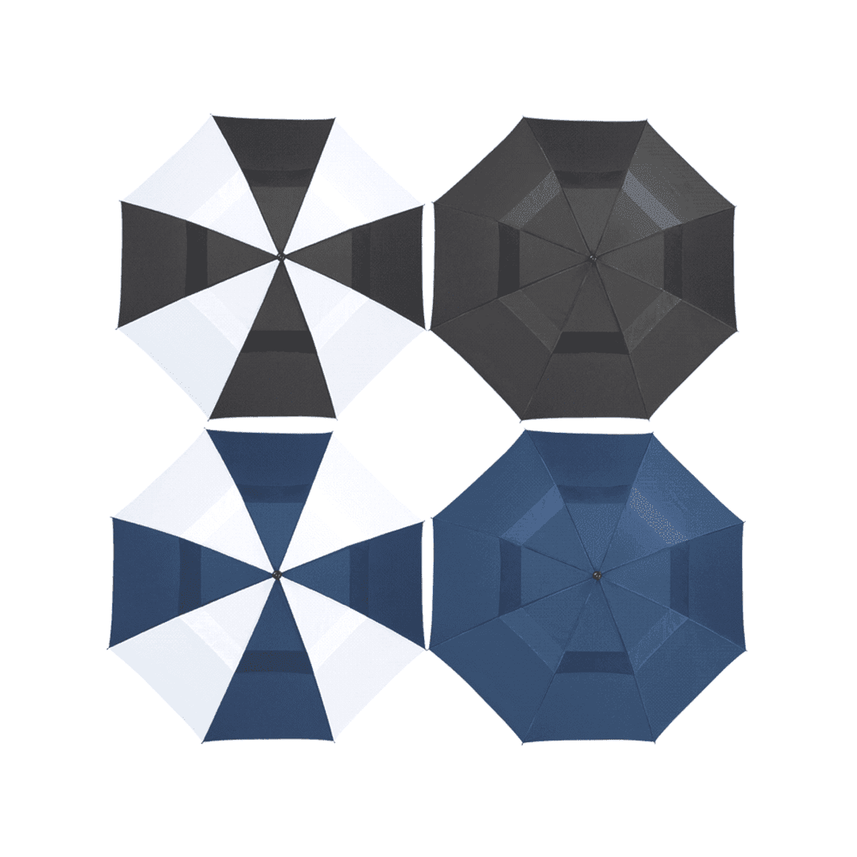Four umbrellas arranged in a grid, in black, white, and blue geometric patterns.
