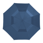Blue umbrella viewed from above, fully open against a white background.