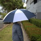Person in a blue jacket holding a large blue and white umbrella on a sidewalk.