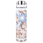 White water bottle with colorful circular dot patterns and a blue design on the front.