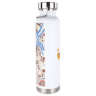 White water bottle with an abstract dotted pattern and blue, brown, and yellow designs.