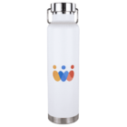White stainless steel water bottle with a colorful abstract logo in the center.