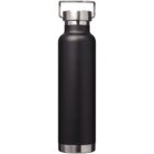 Black stainless steel water bottle with a silver lid and base, shown on a white background.