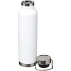 White stainless steel water bottle with lid placed next to it on a plain background.