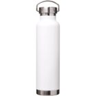 White stainless steel water bottle with a silver screw-top lid and handle, against a white background.