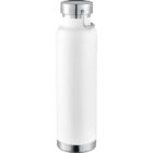White insulated water bottle with a metal lid and base, standing upright.