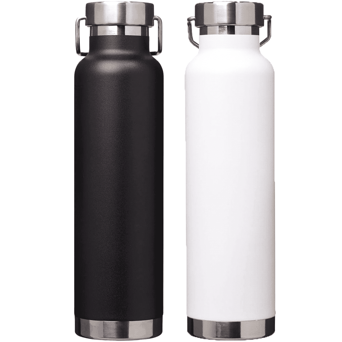 Two stainless steel water bottles, one black and one white, with silver lids and bases.