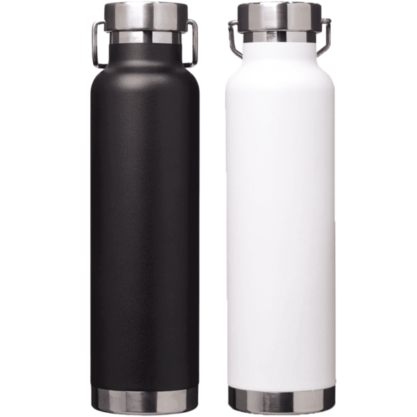 Two stainless steel water bottles, one black and one white, standing side by side.
