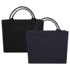 Two plain, rectangular tote bags with handles, one black and one dark blue.