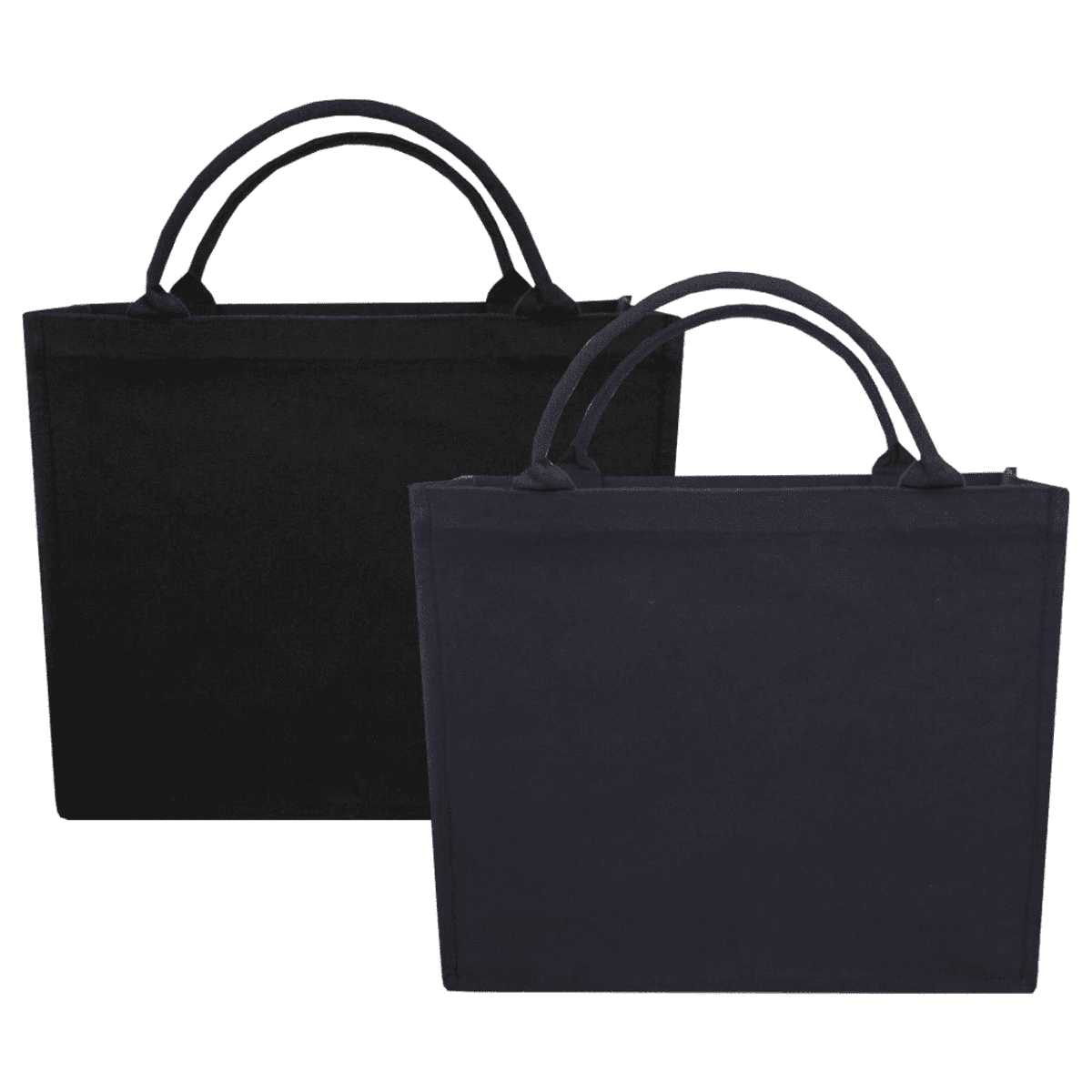 Two plain, rectangular tote bags with handles, one black and one dark blue.