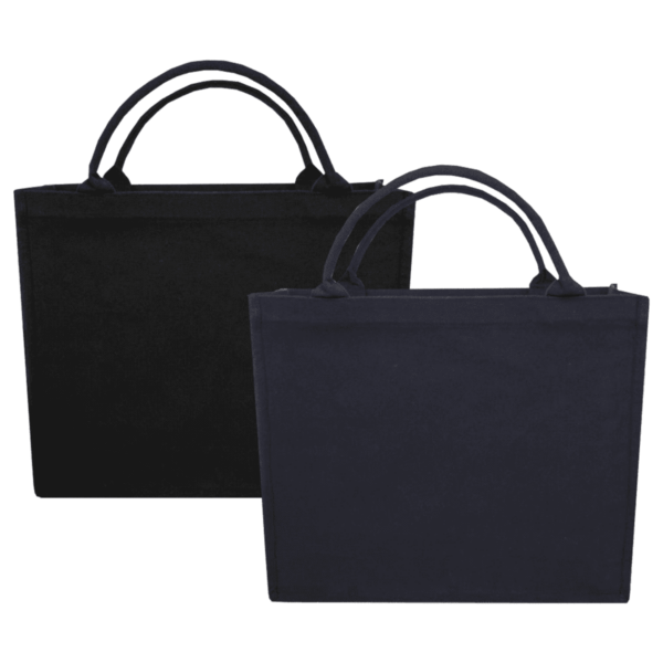 Two plain tote bags, one black and one navy, with handles, standing side by side.