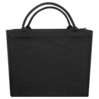 Black reusable tote bag with two handles, shown on a plain white background.