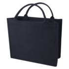 A plain black tote bag with two handles, standing upright against a white background.