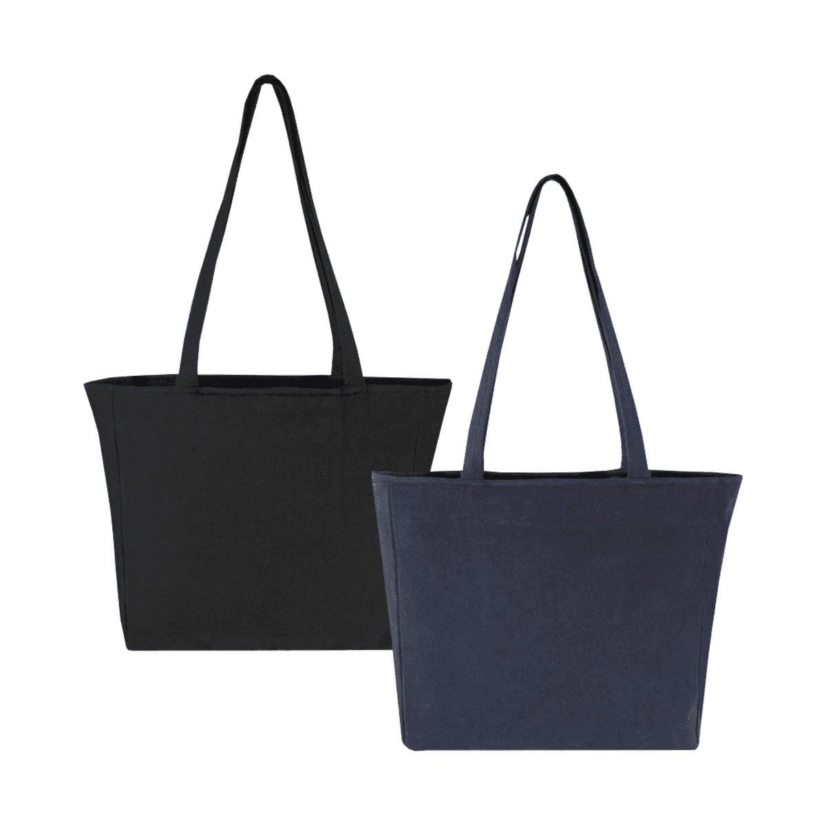 Two plain tote bags, one black and one navy blue, with long handles.