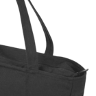 Black fabric tote bag with a visible zipper and two handles, shown from a side angle.