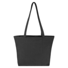Black fabric tote bag with two long handles, displayed on a white background.