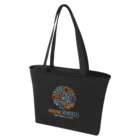 Black tote bag with colorful travel-themed icons and Making Memories Your Travel Partner text.