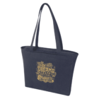 Navy blue tote bag with “Follow your dreams, they know the way” in yellow script.