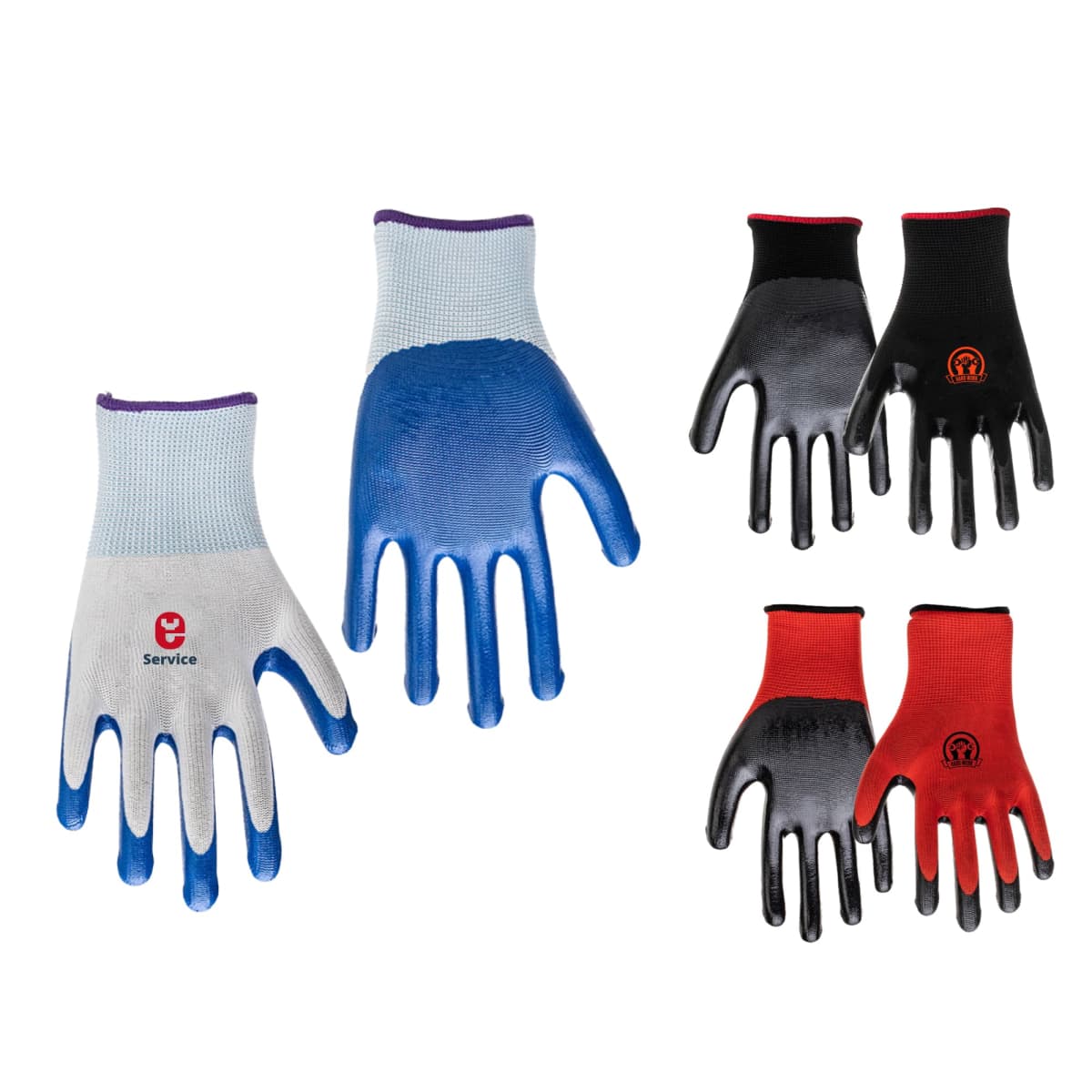 Three pairs of work gloves in blue, gray, and red lying flat.
