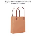 Brown tote bag with leather handles and dimensions listed above.