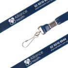 Blue lanyard with Alliance Health branding, metal clip attached.