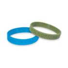 Blue and green wristbands with embossed text.